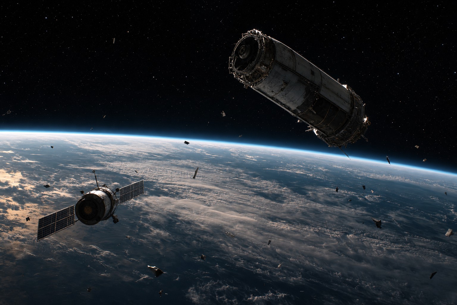 A derelict rocket upper stage and defunct satellite drifting in low Earth orbit, surrounded by fragments.