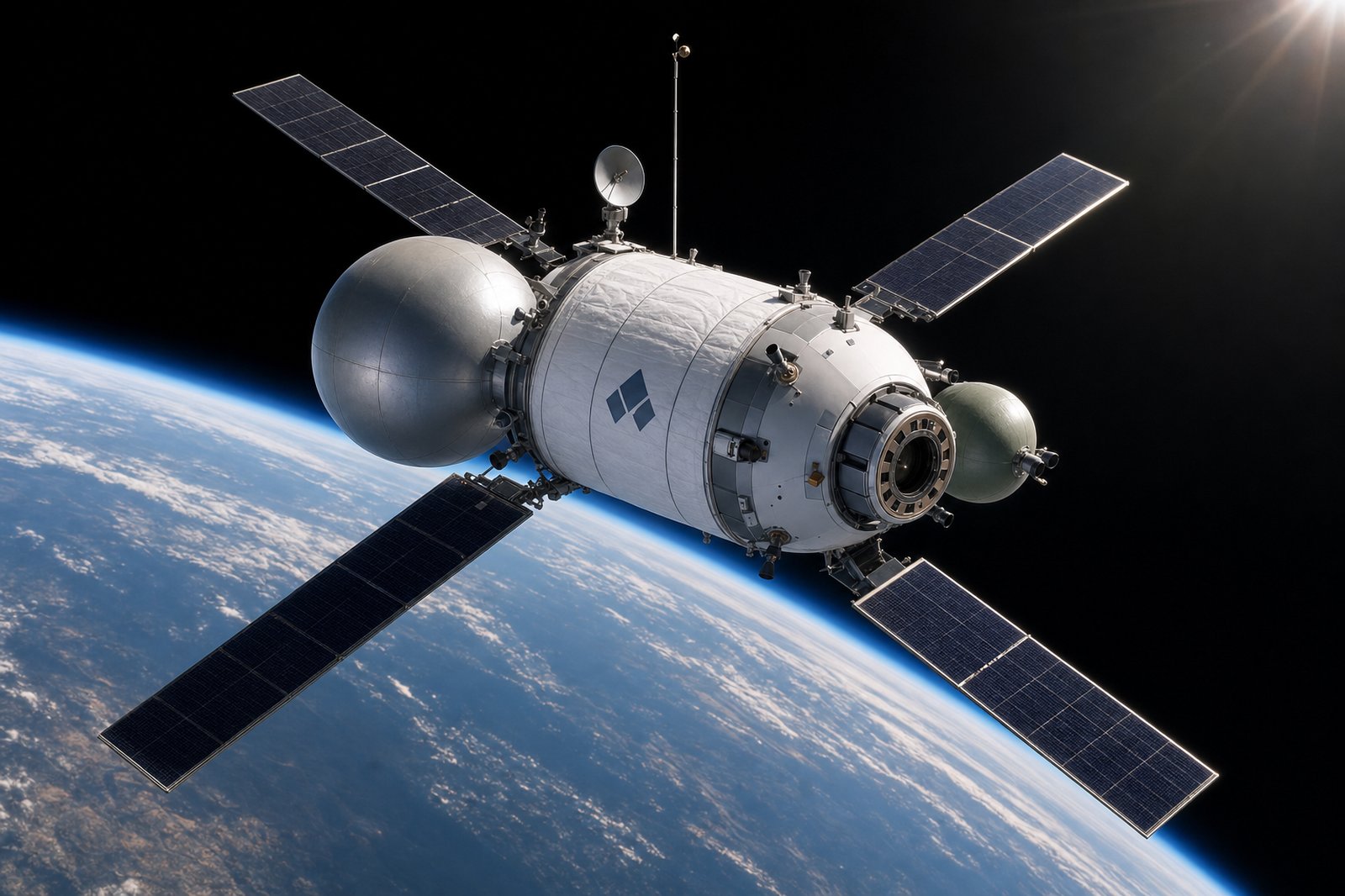 Cylindrical Sparrow Depot on orbit above Earth: spherical krypton tank forward-port, spherical green-monopropellant tank aft-starboard, four deployable solar panels in a cross pattern, RAFTI-class docking face forward.