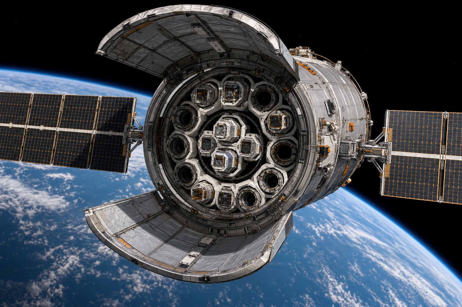 Scavenger 1 on station in its sun-synchronous depot orbit, clamshell bay doors open. The receiving bay shows twelve standardized dockports in a 3-ring carousel, with captured satellites docked in their carrier cassettes above Earth's curve.