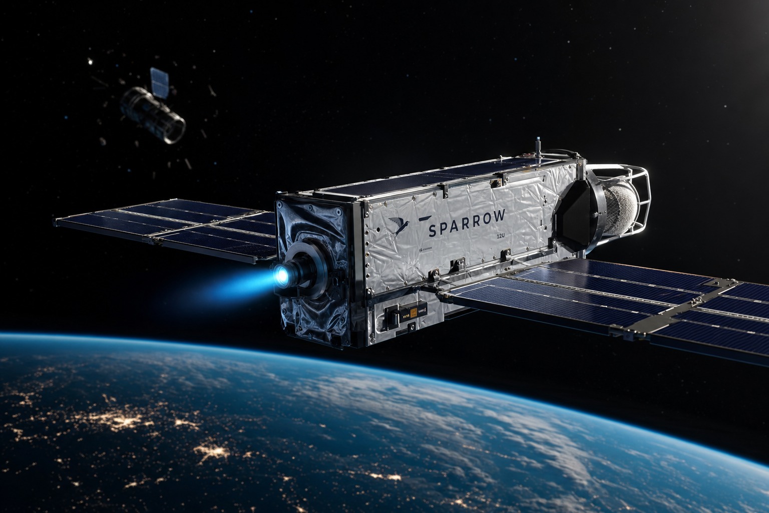 A 12U-class Sparrow spacecraft on orbit, deployed solar wings, Hall-effect thruster glowing aft, with a tumbling derelict satellite in the background above Earth's curve.